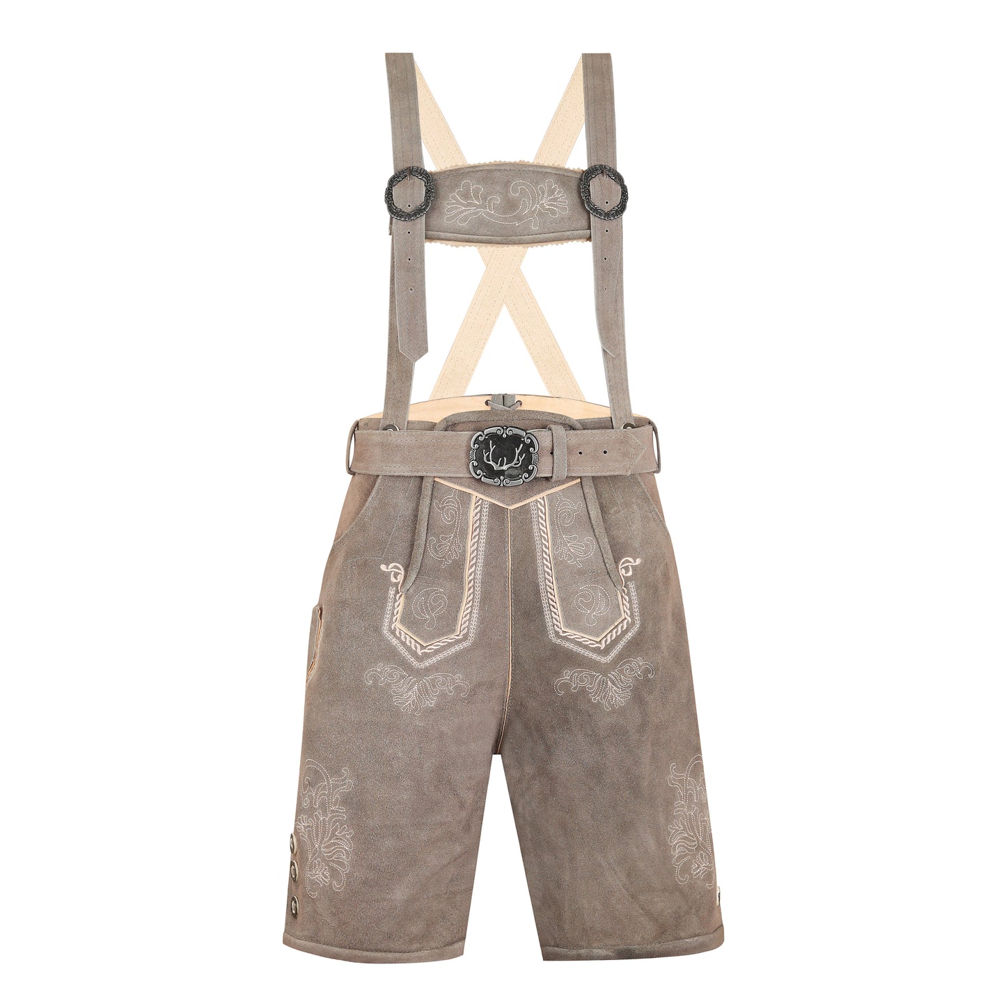 Traditional Bavarian Cowhide Leather Lederhosen Shorts with Belt & Suspenders