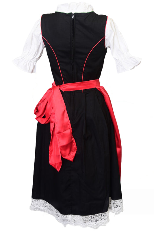 Dirndl “Alpenrose Festlich” – 3-Piece Set (Dress + Satin Apron + Blouse) – Black with Red Apron – Cotton Polyester Blend