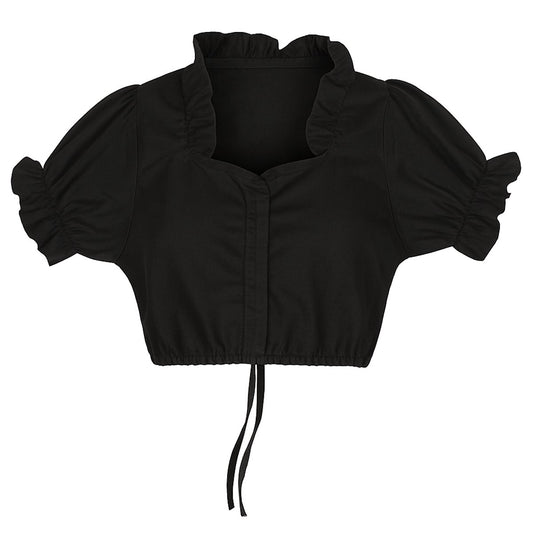 Traditional Dirndl Blouse Women White – Black Short Sleeves with Ruffles – Oktoberfest Top