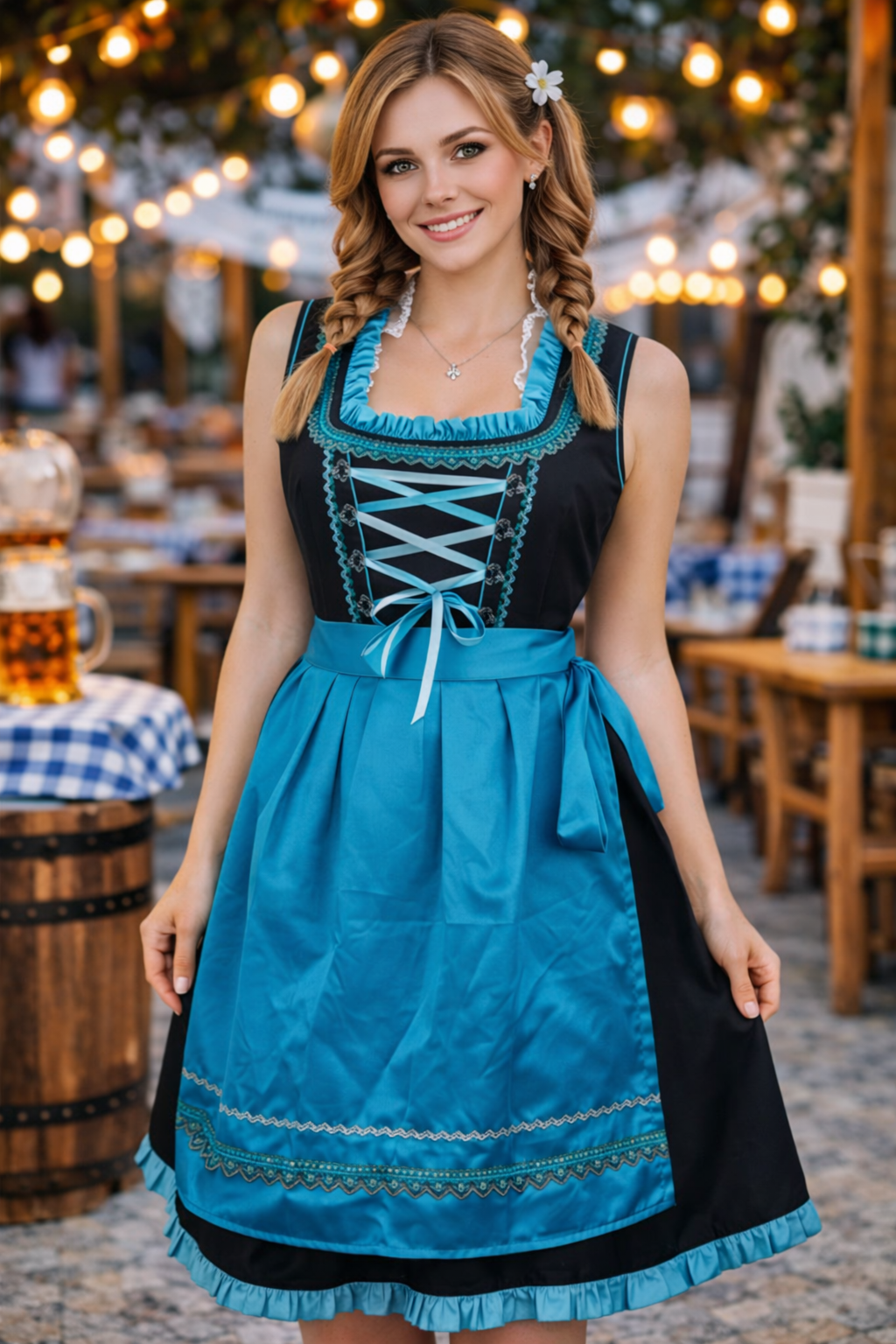Dirndl “Mira” – Silk Satin Bavarian Oktoberfest Dress (60 cm) XL / Apron, Lace-up Bodice, Traditional Bavarian Style / Oktoberfest / Bavarian