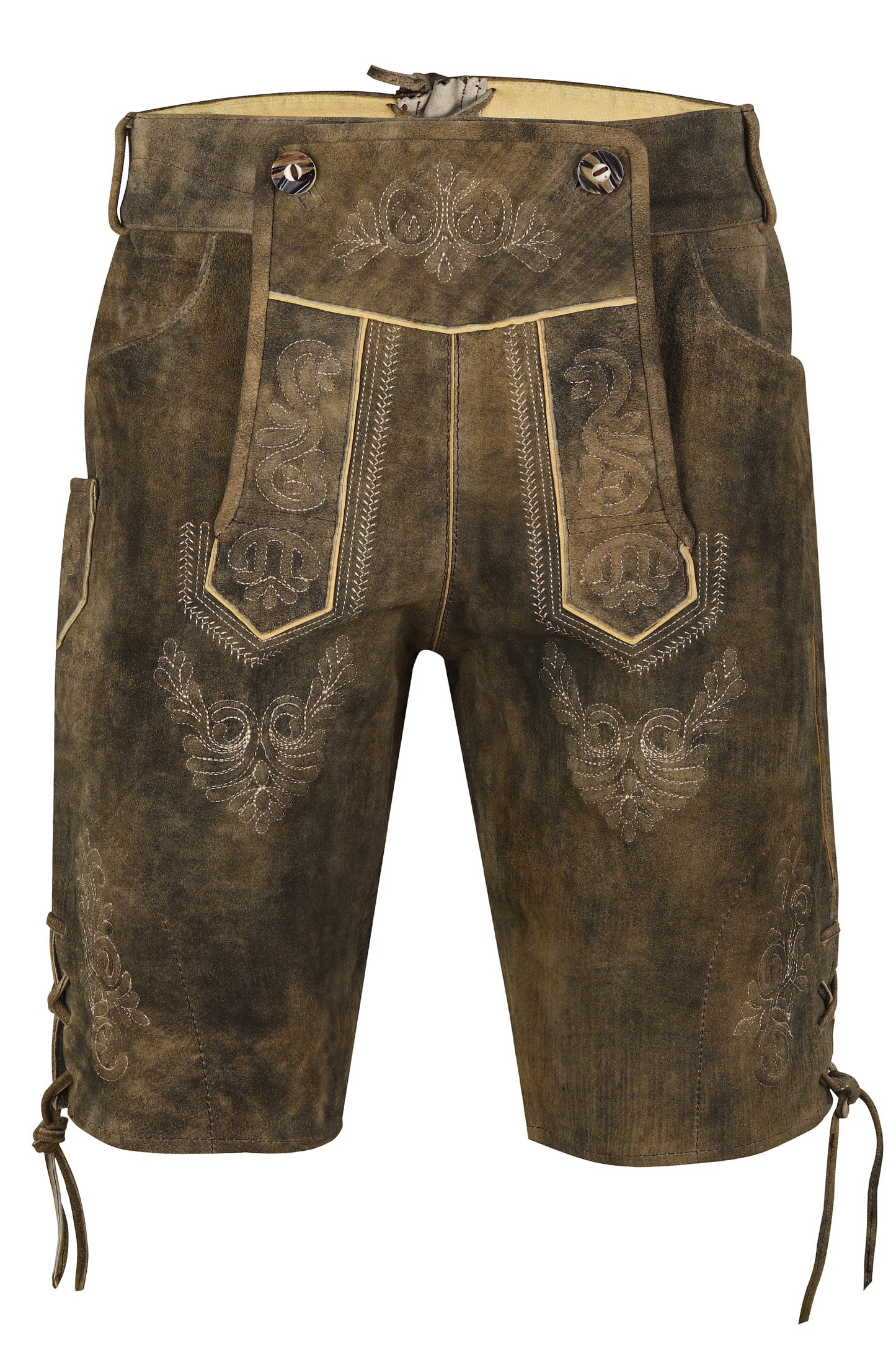 Oktoberfest Lederhosen – Genuine Goat Leather – Rustic Brown with Embroidery & Belt & suspenders