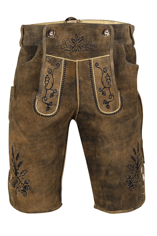 Men’s Rustic Brown Lederhosen – Goat Leather Bavarian Shorts
