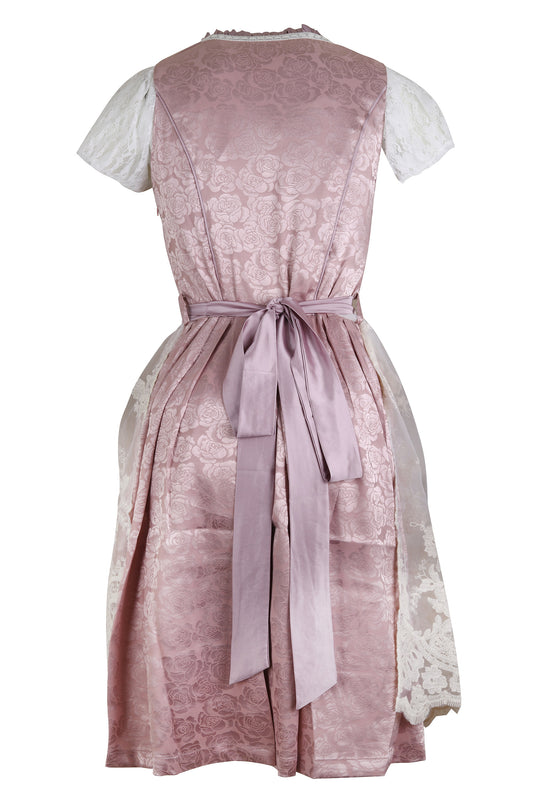 Luxury Silk Dirndl “Rosengarten” – 3-Piece Set (Dress + Apron + Blouse) – Lilac Pink with White Lace – Premium Oktoberfest Outfit