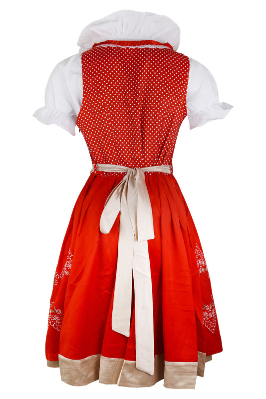 Traditional Bavarian Dirndl “Alpenrot” – 3-Piece Set (Dress + Apron + Blouse) – Red with White Embroidery – Oktoberfest Costume