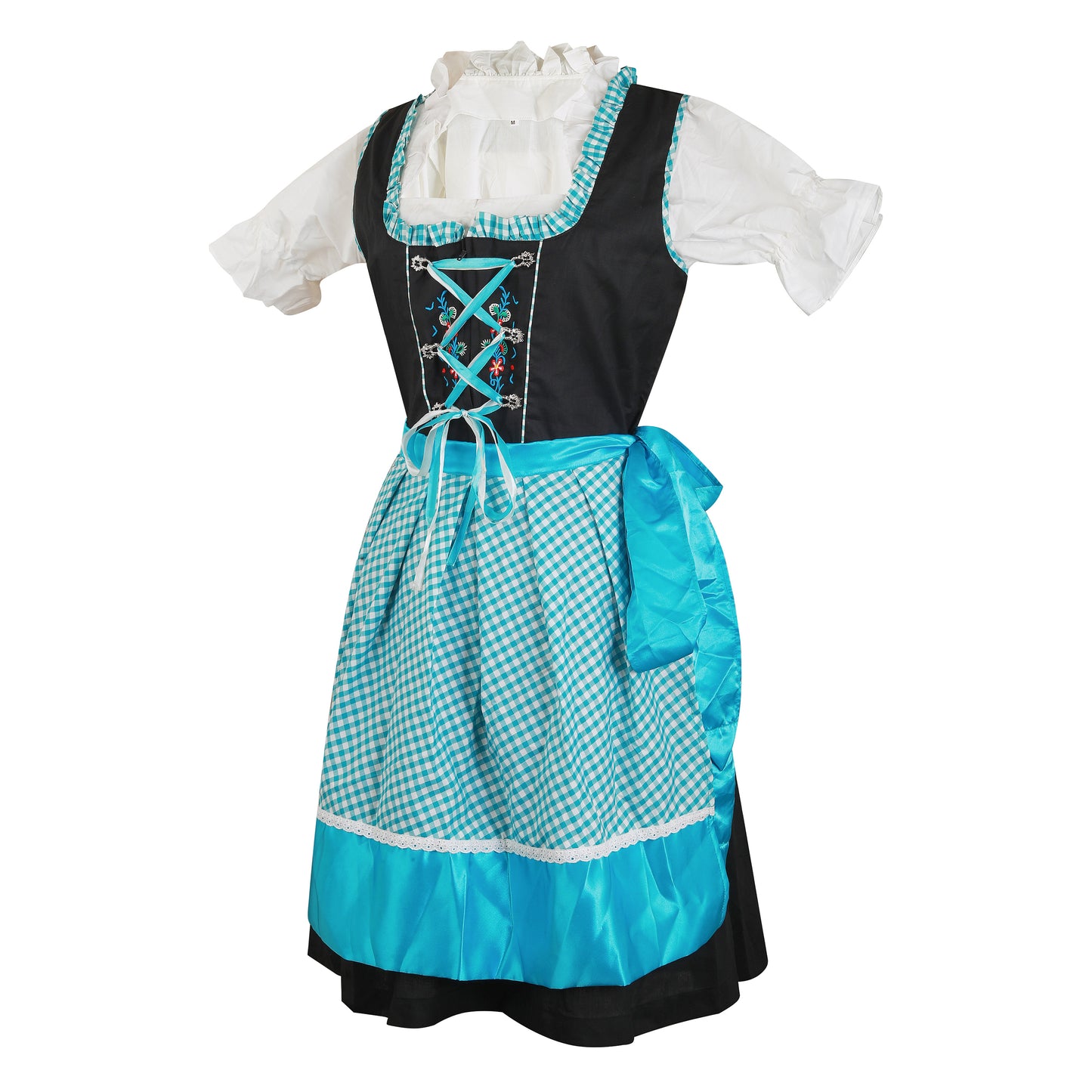 Dirndl “Alpenblau Fest” – 3-Piece Set (Dress + Satin Apron + Blouse) – Turquoise Gingham & Black – Cotton Polyester Blend