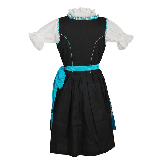 Dirndl “Alpenblau Fest” – 3-Piece Set (Dress + Satin Apron + Blouse) – Turquoise Gingham & Black – Cotton Polyester Blend