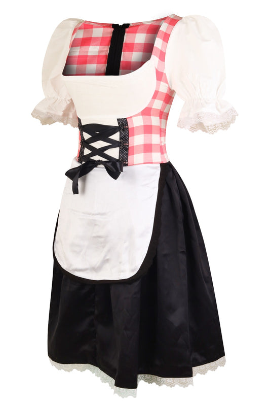 Traditional Dirndl “Alpenrose” – 2-Piece Dress with Attached Apron (No Separate Blouse) – Red Gingham, Black Skirt – Cotton & Silk Blend