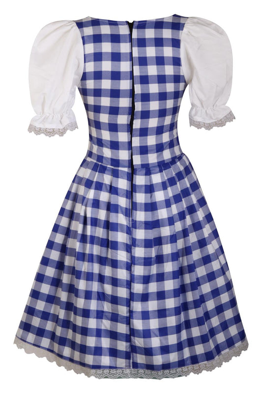 Oktoberfest Dirndl “Bavaria Check” – 2-Piece Set (Dress with Attached Apron, Without Blouse) – Blue-White Polyester Cotton