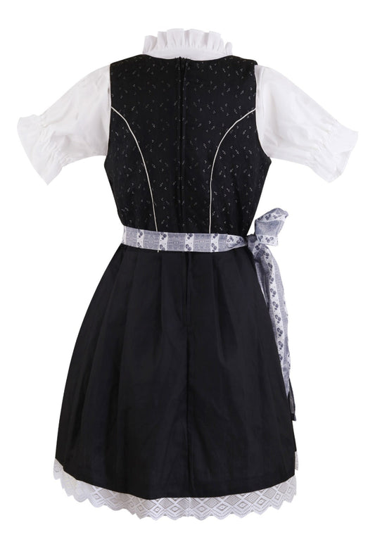Traditional Dirndl “Schwarzblume” – 3-Piece Set (Dress + Apron + Blouse) – Black with Blue-White Striped Apron