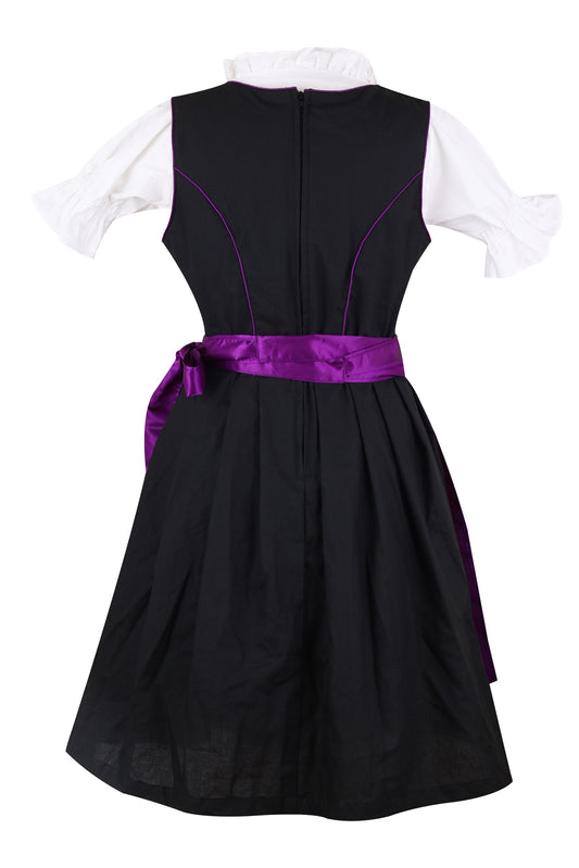 Traditional Dirndl “Viola Eleganz” – 3-Piece Set (Dress + Silk Apron + Blouse) – Black Cotton with Purple Accents