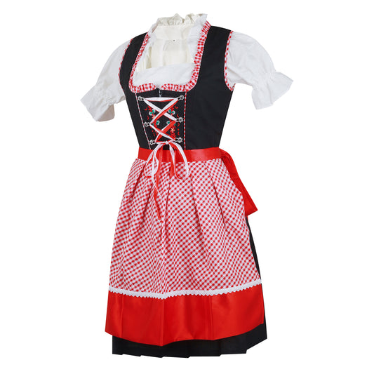 Dirndl “Bavaria Rot” – 3-Piece Set (Dress + Satin Apron + Blouse) – Black & Red Gingham, Cotton Polyester Blend