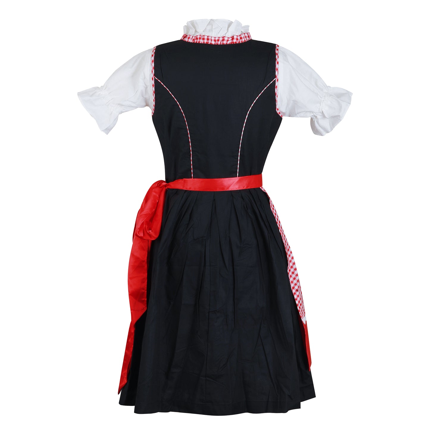 Dirndl “Bavaria Rot” – 3-Piece Set (Dress + Satin Apron + Blouse) – Black & Red Gingham, Cotton Polyester Blend