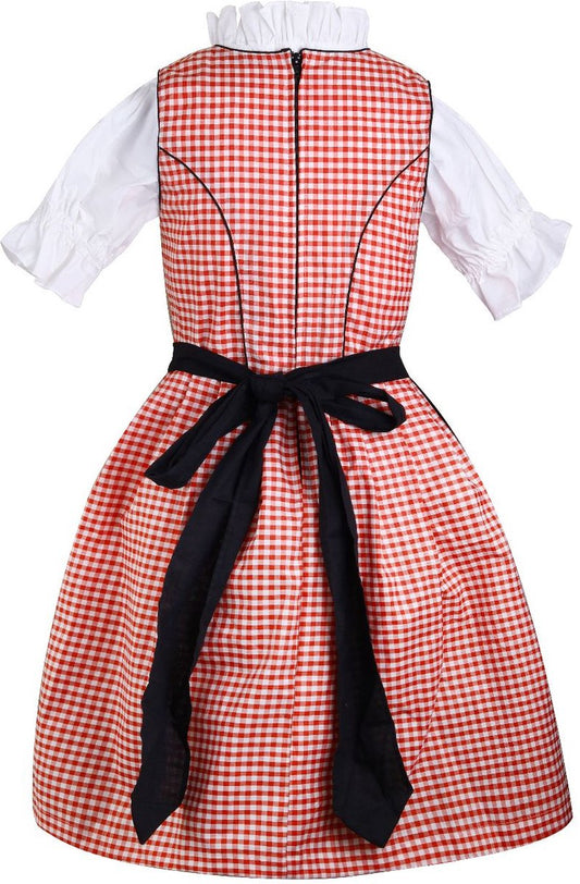 Dirndl “Alpenrot Tracht” – 3-Piece Set (Dress + Apron + Blouse) – Red Gingham & Black Skirt – Cotton Polyester Blend