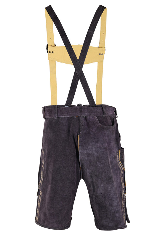 Oktoberfest Lederhosen – Genuine Cow Leather – Dark Grey with Embroidery – Belt & Suspenders Included
