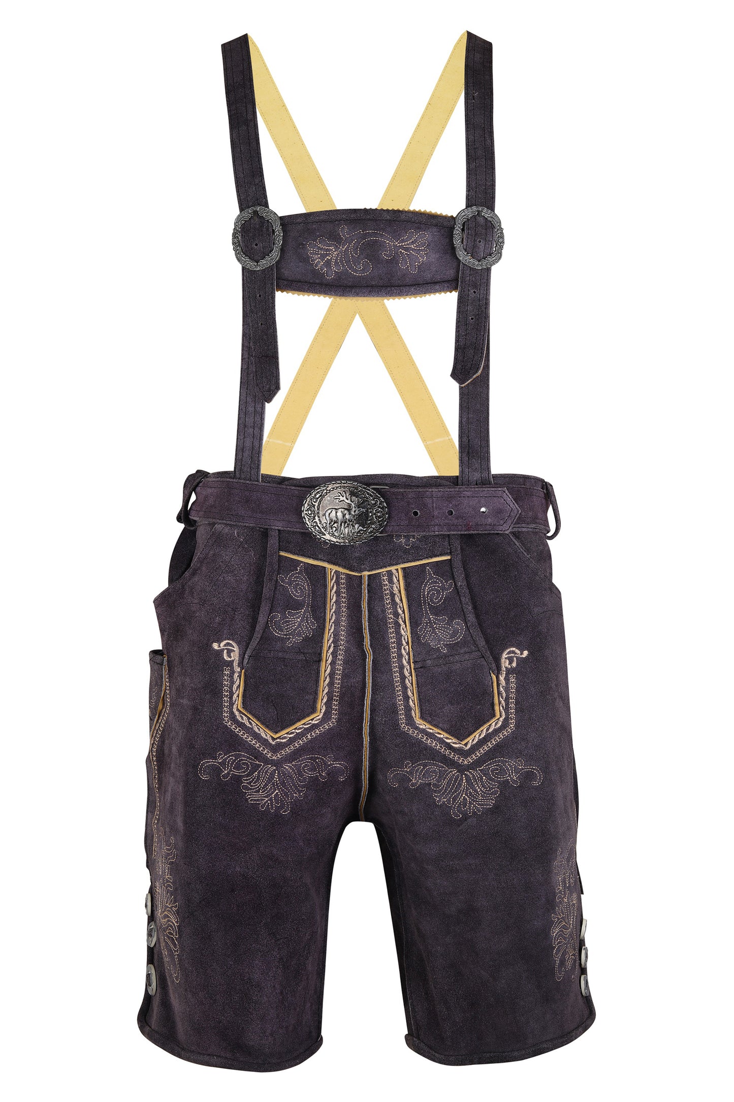 Oktoberfest Lederhosen – Genuine Cow Leather – Dark Grey with Embroidery – Belt & Suspenders Included