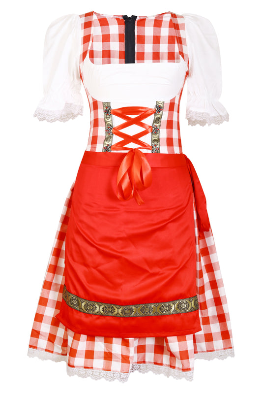 Dirndl “Alpenrot Fest” – 2-Piece Set (Dress + Apron, Without Blouse) – Red-White Gingham, Cotton Polyester Blend