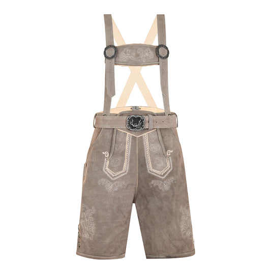 Traditional Bavarian Cowhide Leather Lederhosen Shorts with Belt & Suspenders