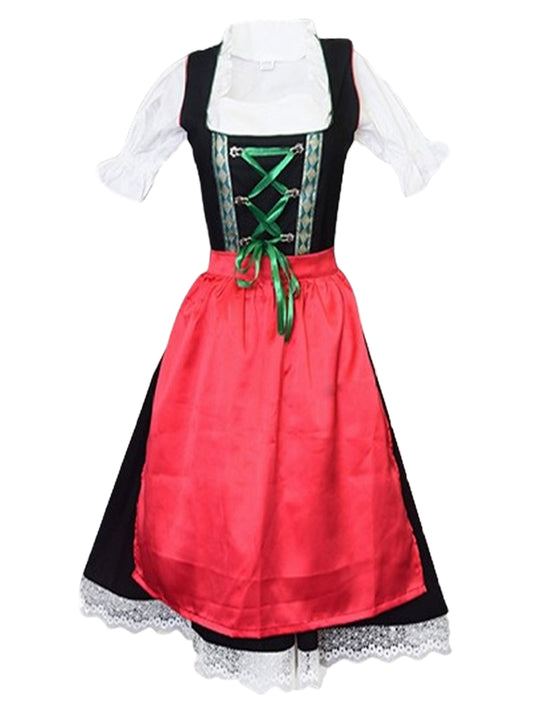 Dirndl “Alpenrose Festlich” – 3-Piece Set (Dress + Satin Apron + Blouse) – Black with Red Apron – Cotton Polyester Blend