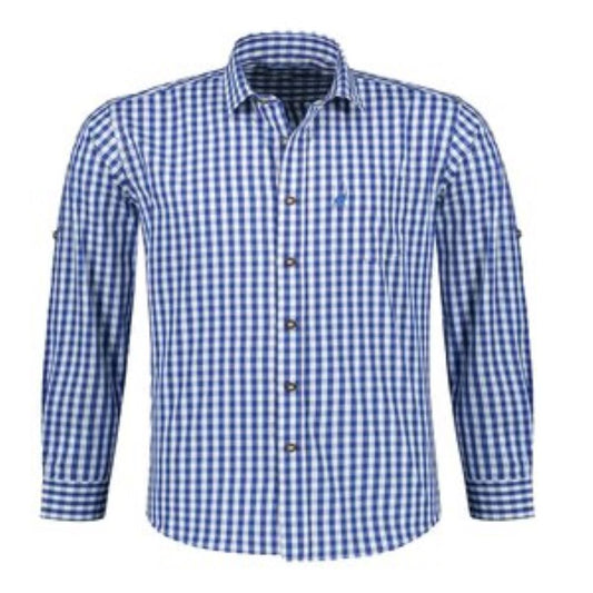 Oktoberfest Costume Shirt – Blue & White  checked– Deer Embroidered Pocket