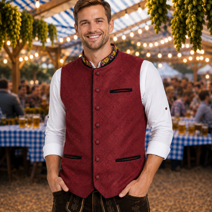 Men's Traditional Bavarian Waistcoat – Burgundy Oktoberfest Vest – Alpine Trachten Gilet