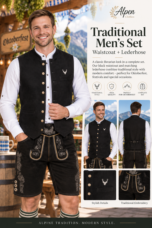 Men’s Bavarian Lederhosen & Waistcoat Set – Black Traditional Oktoberfest Outfit + FREE Shirt