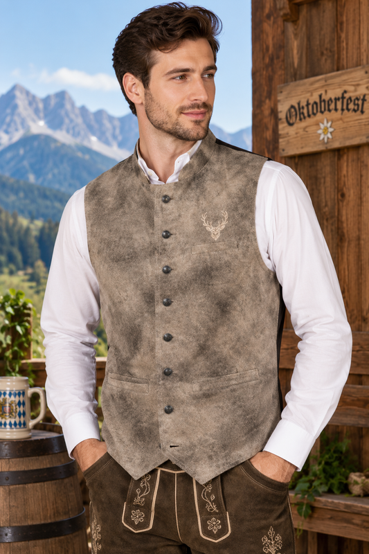 Men's Traditional Leather Waistcoat – Bavarian Oktoberfest Vest – Genuine Leather – Marble Grey