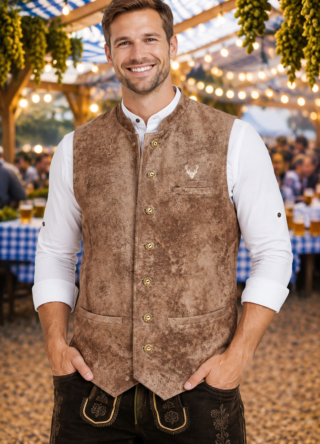 Men's Traditional Leather Waistcoat – Bavarian Oktoberfest Vest – Genuine Leather Burn Smok