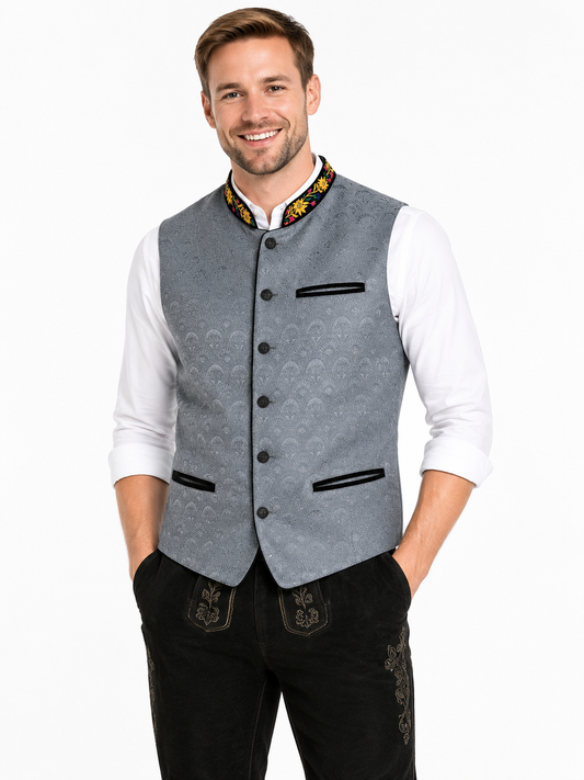 Men's Traditional Bavarian Waistcoat – Grey Jacquard Oktoberfest Vest