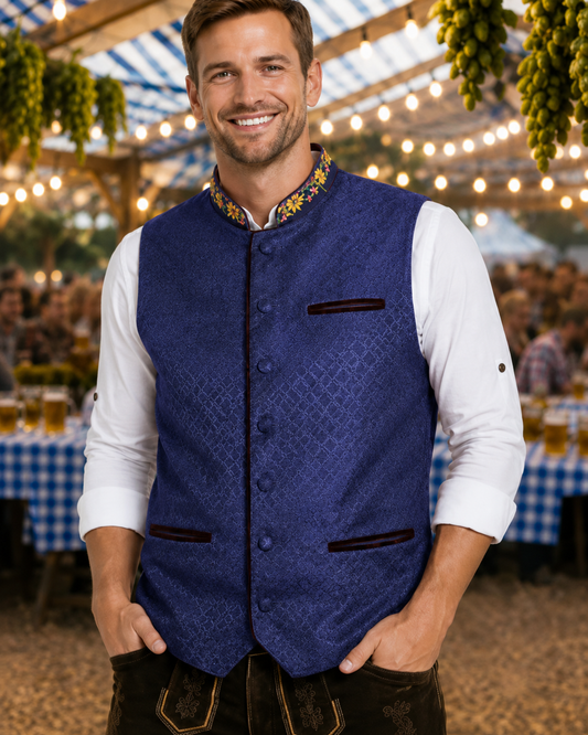 Men's Blue Oktoberfest Waistcoat – Traditional Bavarian Trachten Vest
