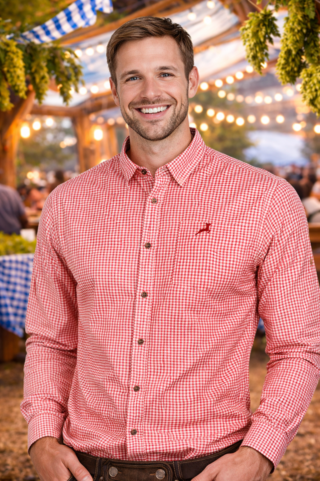Men’s Red White Gingham Oktoberfest Shirt – Bavarian Style
