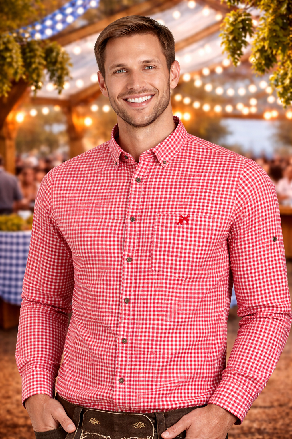Men’s Oktoberfest Costume Shirt – Red & White – Deer Embroidered Pocket