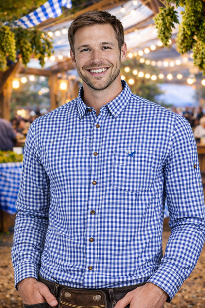 Blue & White Bavarian Shirt – Oktoberfest Gingham Shirt