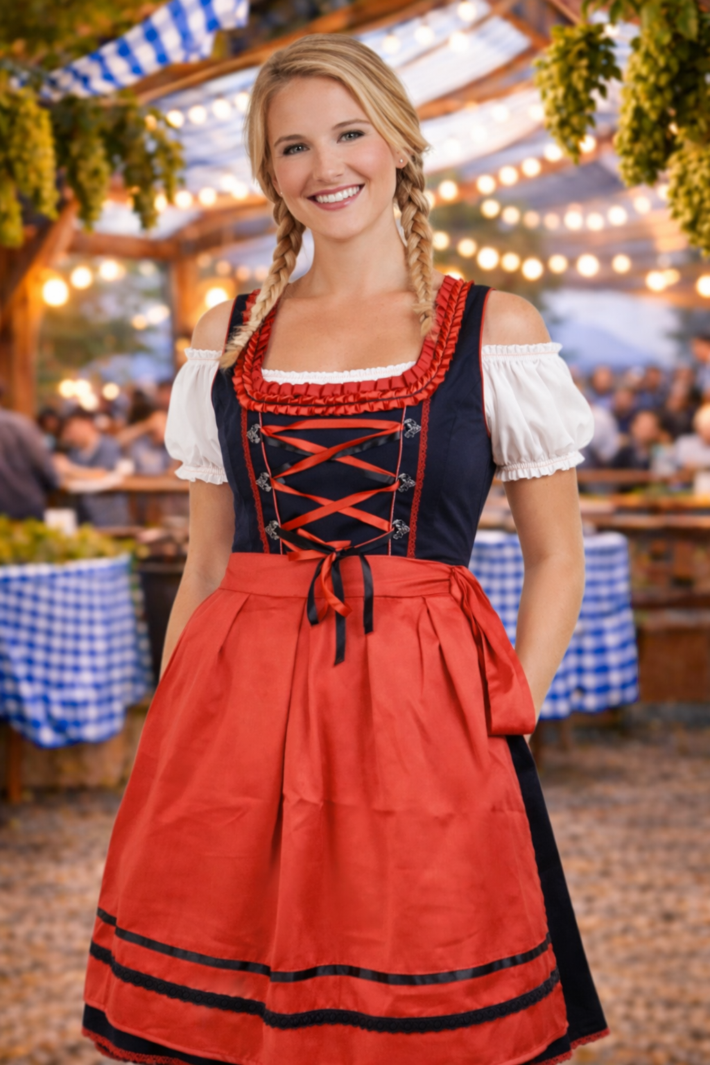 Midi Bavarian Dirndl “Joelina” – Silk Satin Oktoberfest Dress L / Apron, Lace-up Bodice, Traditional Bavarian Style / Oktoberfest / Bavarian
