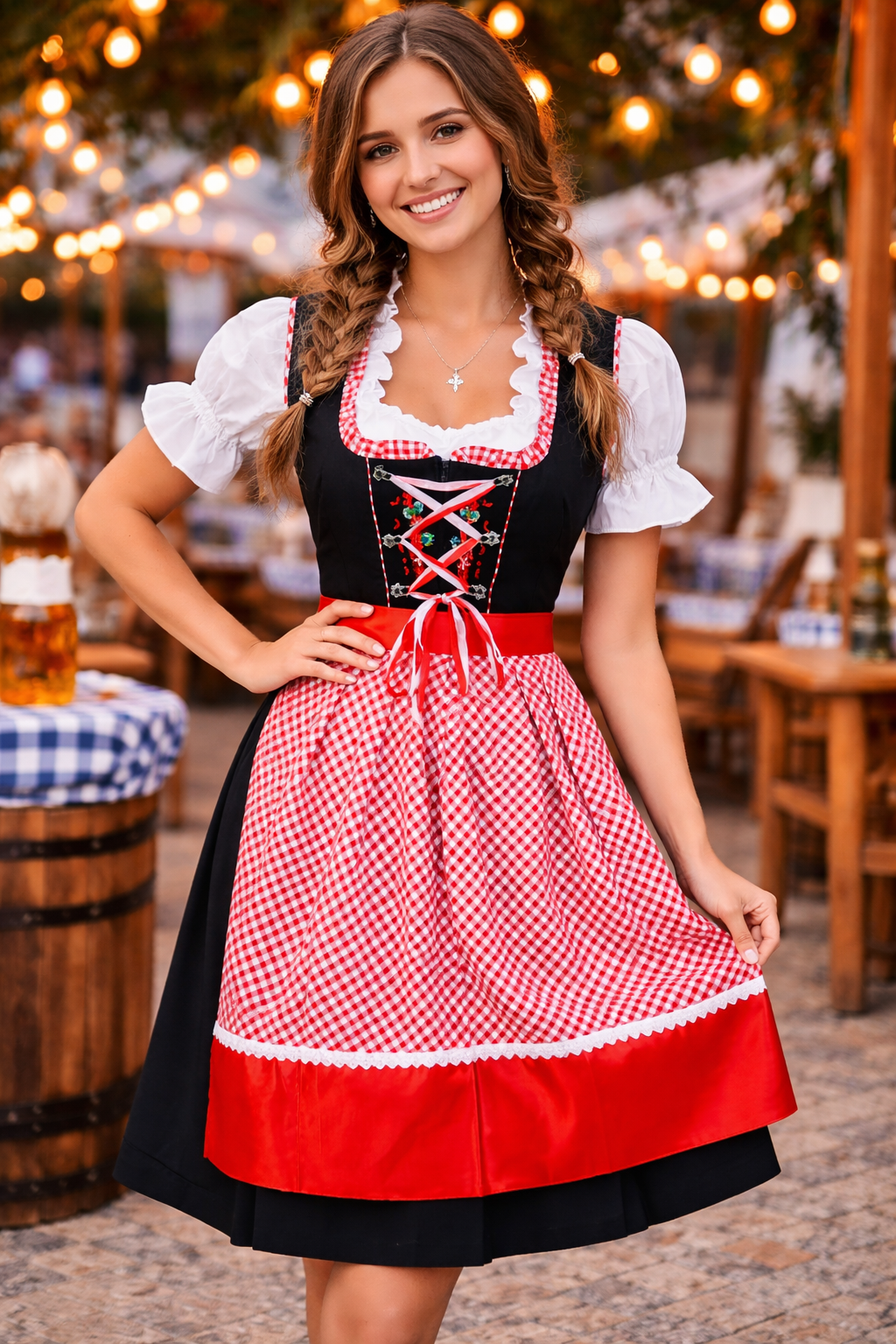Oktoberfest Dirndl Red – 3-Piece Bavarian Dress with Apron & Blouse
