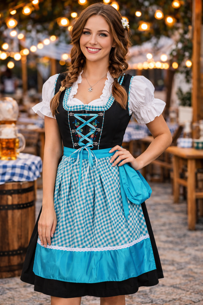 Oktoberfest Blue Dirndl – Bavarian 3-Piece Dress with Apron