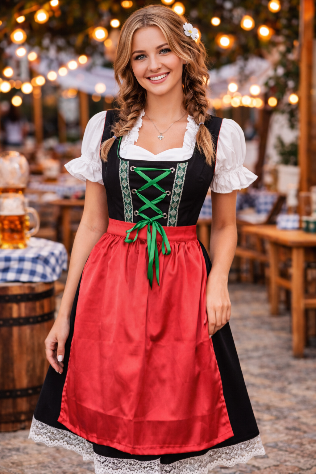 Oktoberfest Dirndl Red Black – Bavarian Dress with Apron