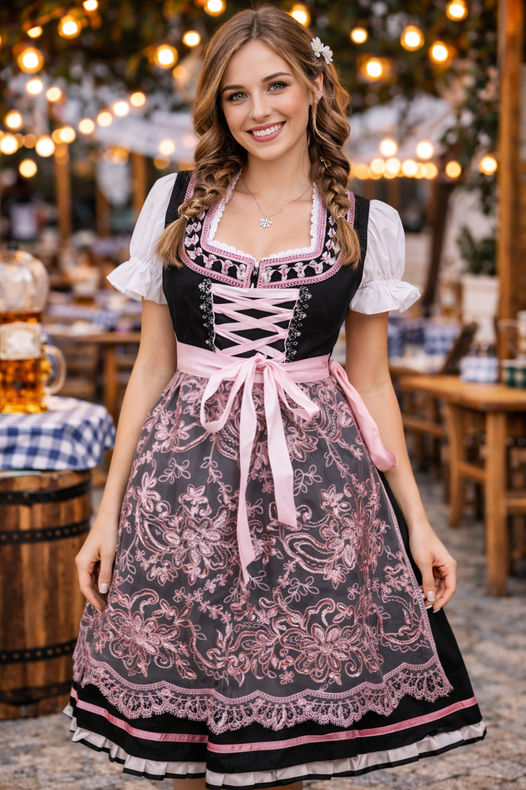 Brocade Bavarian Midi Dirndl “Alisha” – Oktoberfest Dress XL / Apron, Lace-up Bodice, Traditional Bavarian Style / Oktoberfest / Bavarian