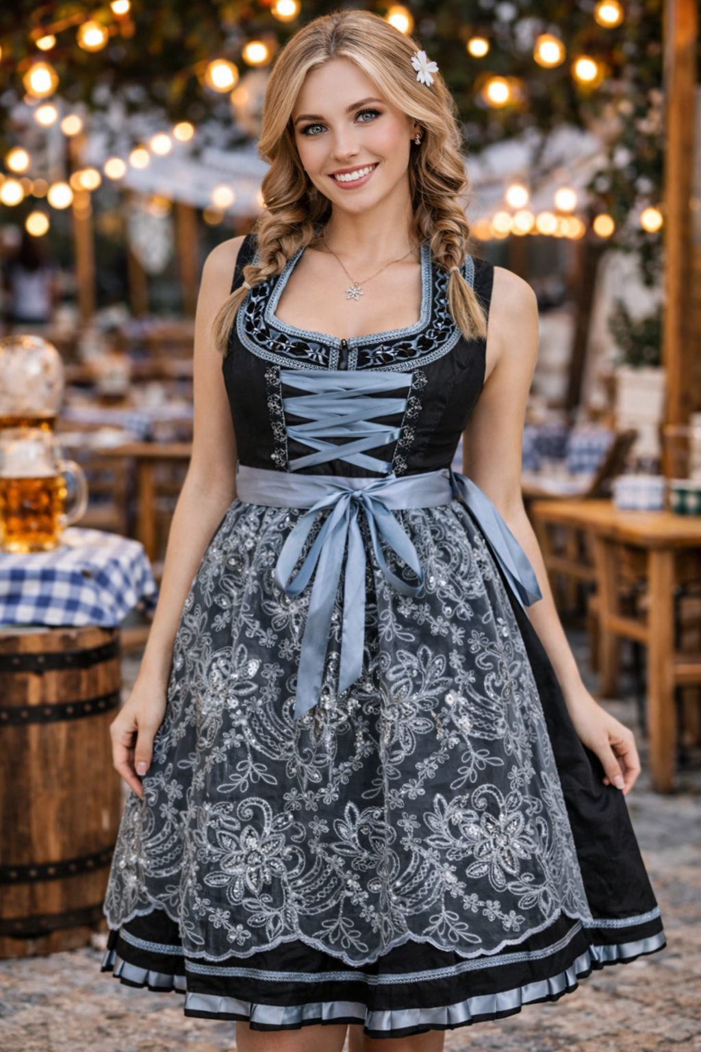 Brocade Bavarian Midi Dirndl “Dina” – Oktoberfest Dress L / Apron, Lace-up Bodice, Traditional Bavarian Style / Oktoberfest / Bavarian