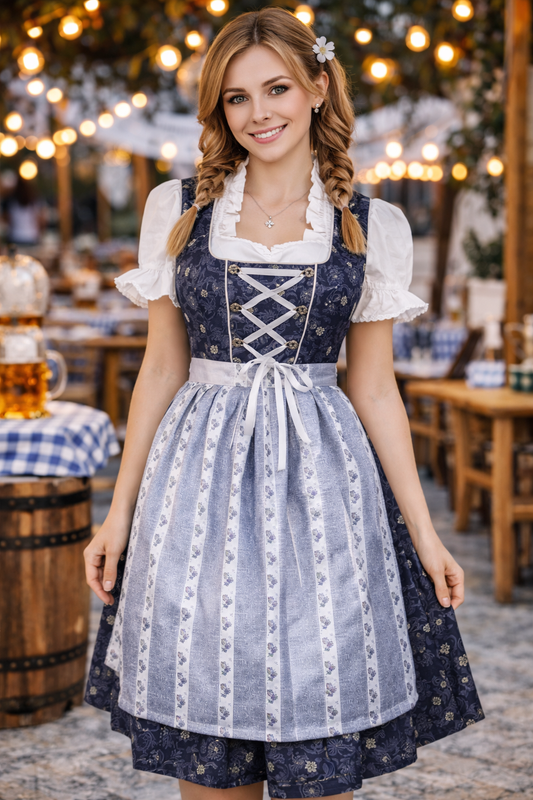 Dirndl “Alpenhimmel” – 3-Piece Bavarian Oktoberfest Dress Set (Navy Blue with Striped Apron)