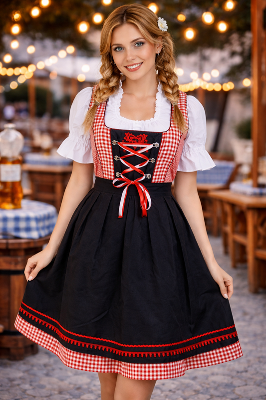 Dirndl “Alpenrot Tracht” – 3-Piece Set (Dress + Apron + Blouse) – Red Gingham & Black Skirt – Cotton Polyester Blend