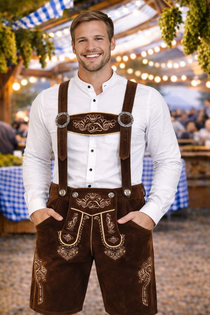 Knee-Length Velvet Lederhosen – Brown Bavarian Oktoberfest Costume – Meher group bv / Alpen Clothes