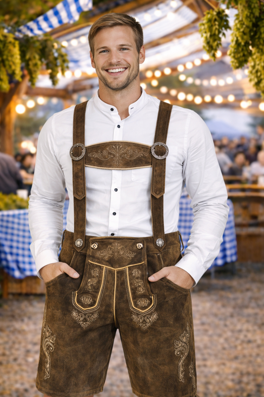 Men’s Rustic Brown Lederhosen – Goat Leather Bavarian Shorts