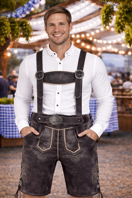 Men's Dark Grey Lederhosen – Bavarian Leather Shorts
