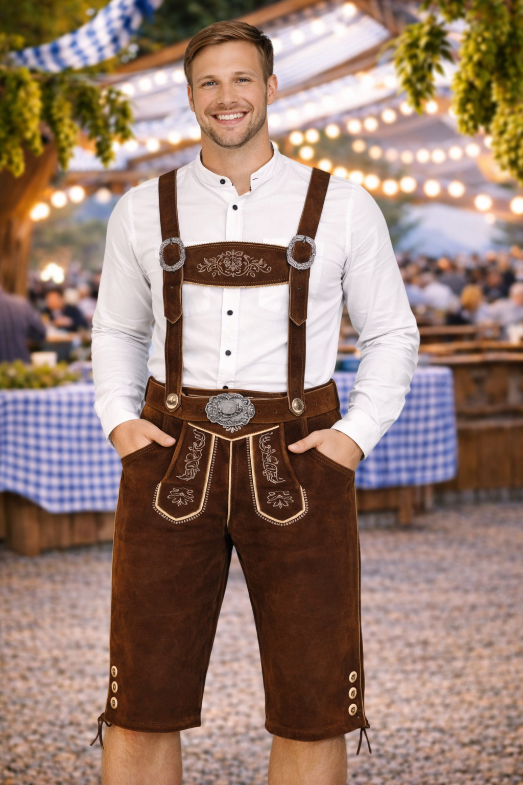 Men’s Brown Lederhosen – Bavarian Cow Leather Shorts