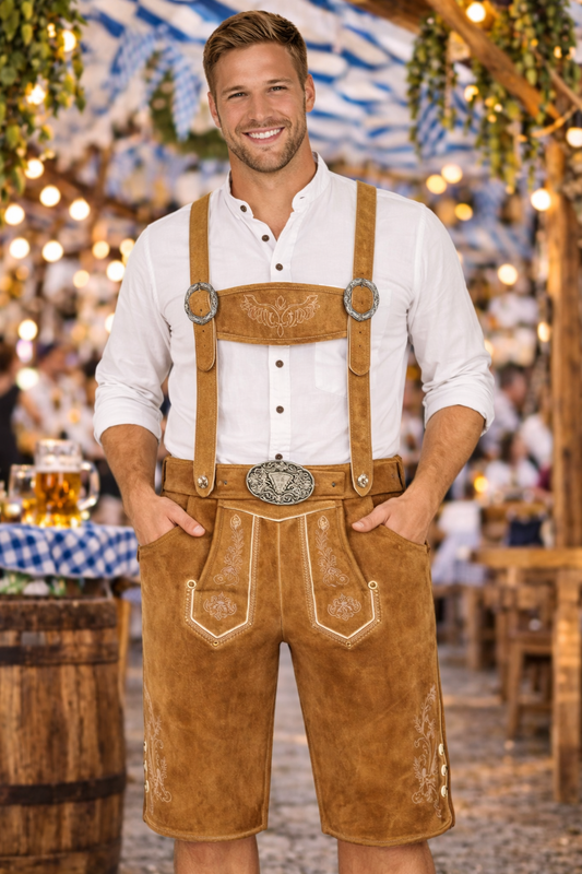 Men’s Camel Lederhosen – Edelweiss Bavarian Leather Shorts