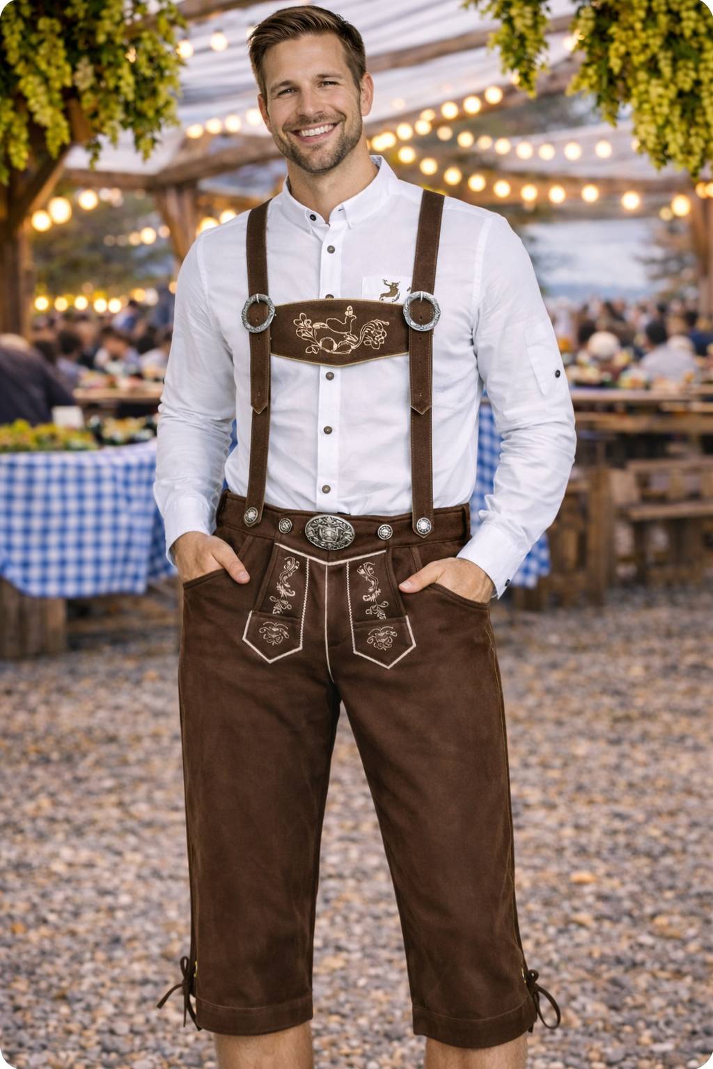 Men’s Brown Lederhosen – Knee-Length Bavarian Shorts