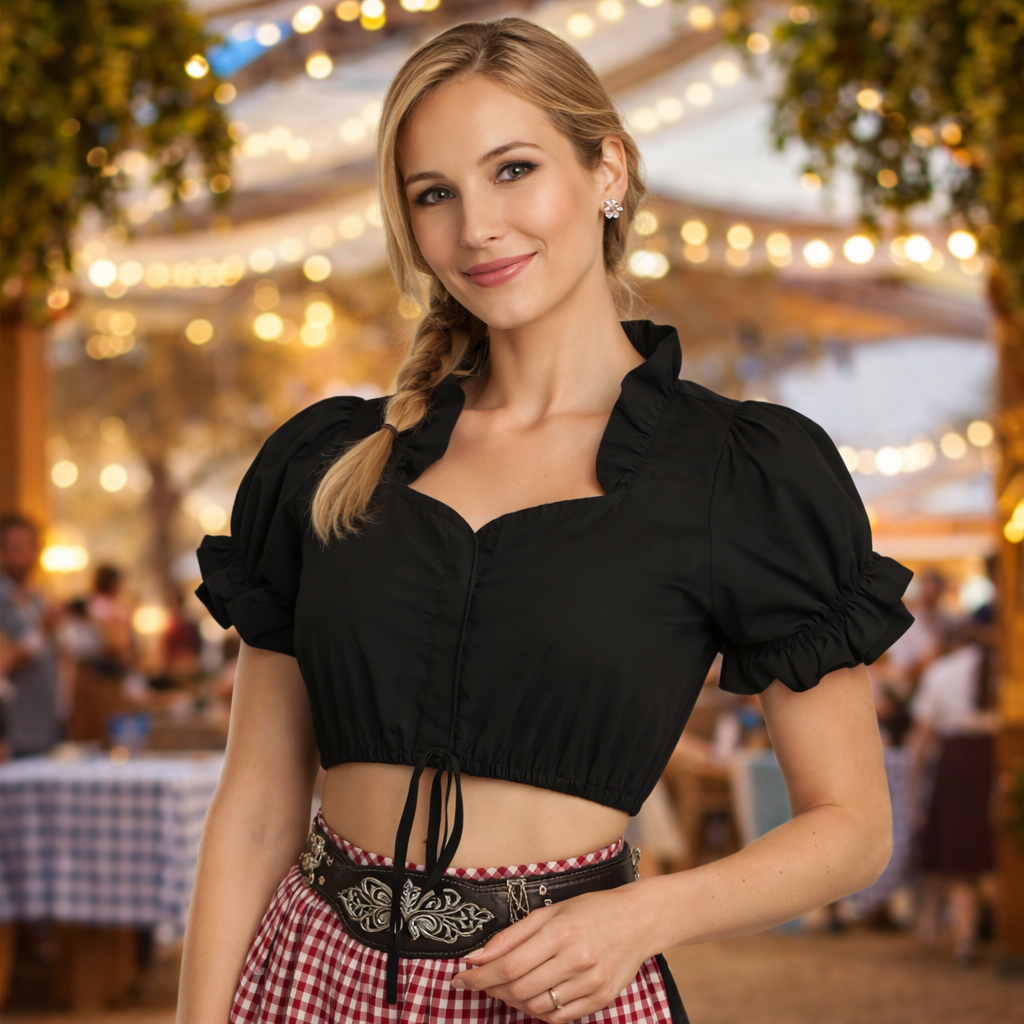 Women’s Dirndl Blouse – White & Black Ruffle Sleeves Oktoberfest Top