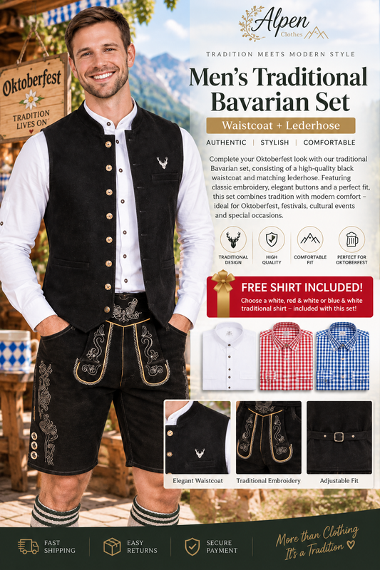 Men’s Bavarian Lederhosen & Waistcoat Set – Black Traditional Oktoberfest Outfit + FREE Shirt