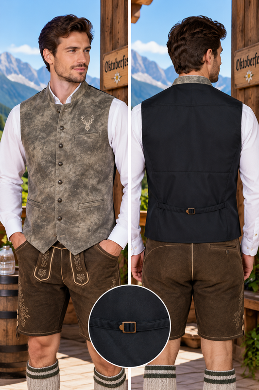Men's Traditional Leather Waistcoat – Bavarian Oktoberfest Vest – Genuine Leather – Marble Grey