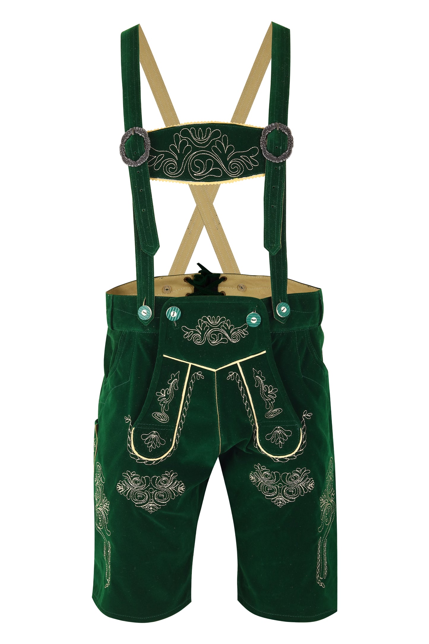 Oktoberfest Lederhose “Jagdgrün” – Embroidered with Suspenders – Costume Style-Velvet